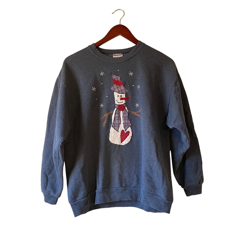 Vintage Snowman Graphic Sweatshirt Blue Christmas Crew‎ Neck Pullover Top Small